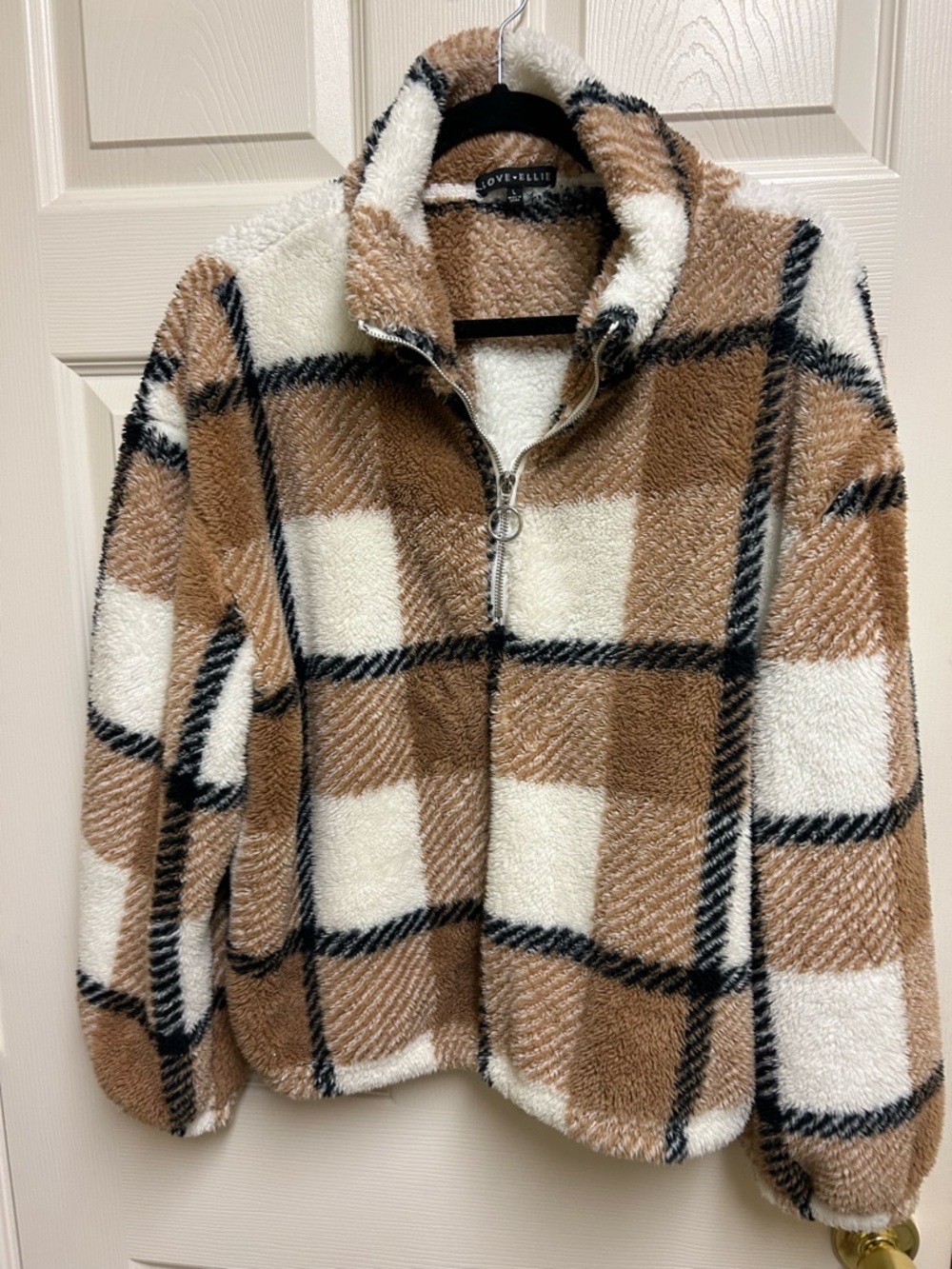 LOVE ELLIE Plaid Sherpa Zip Pullover - Cream & Tan